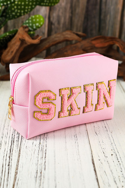 Pink SKIN Embroidered Patch Zipped Cosmetic Bag