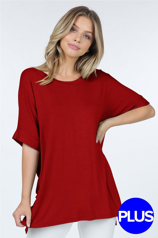 Red Rolled Short Sleeve Round Neck Top With Side Slits