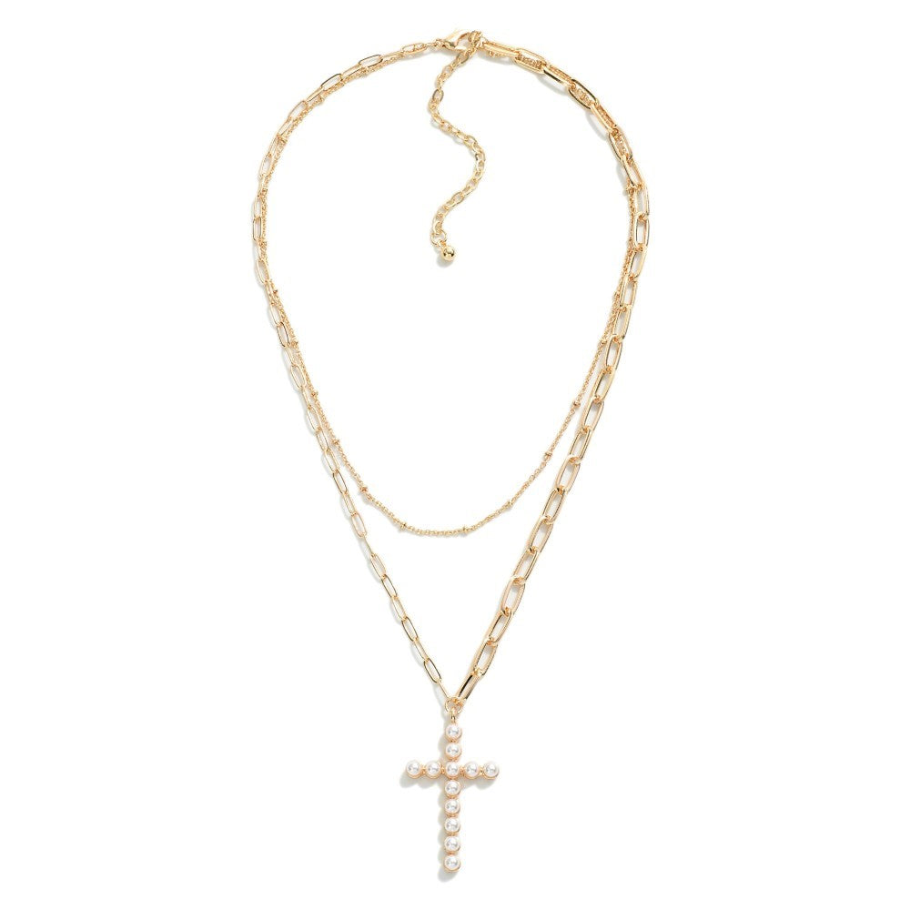 Layered Mixed Chain Link Necklace Featuring Pearl Studded Cross Pendant