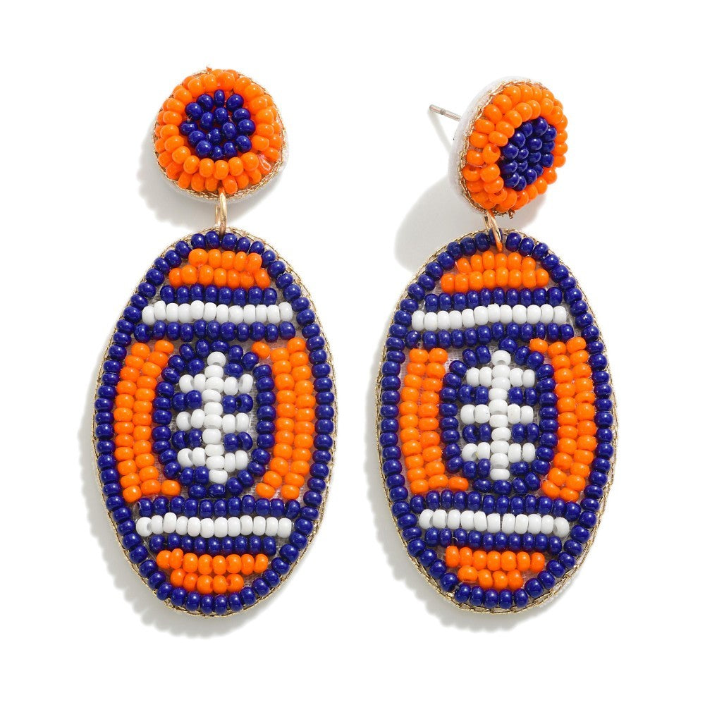 Orange & Blue Seed Beaded Football Drop Earrings