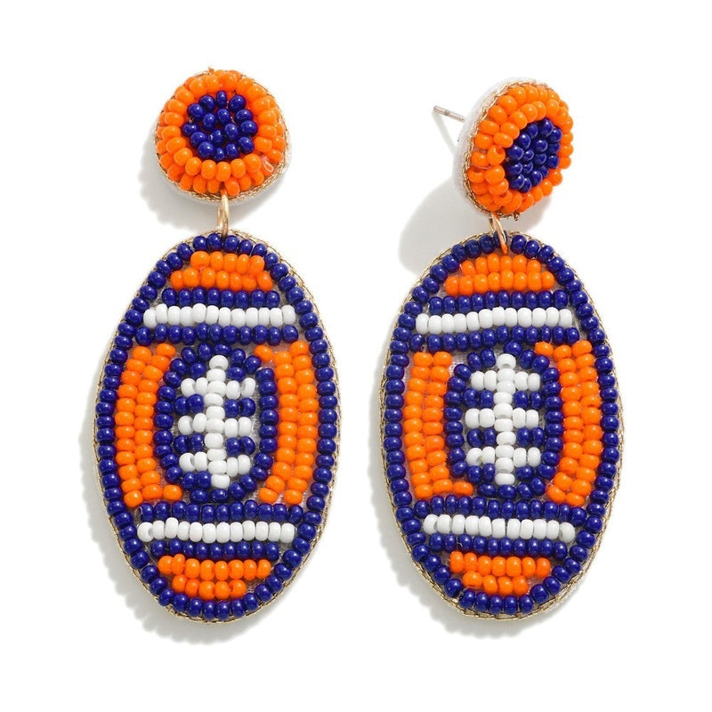 Orange & Blue Seed Beaded Football Drop Earrings 