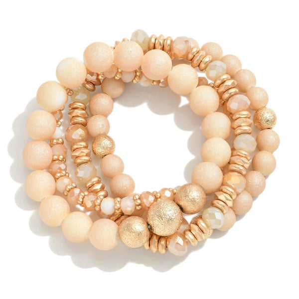 Set of Four Stretch Bracelets Featuring Faceted Glass Beads, Textured Stone Bead
