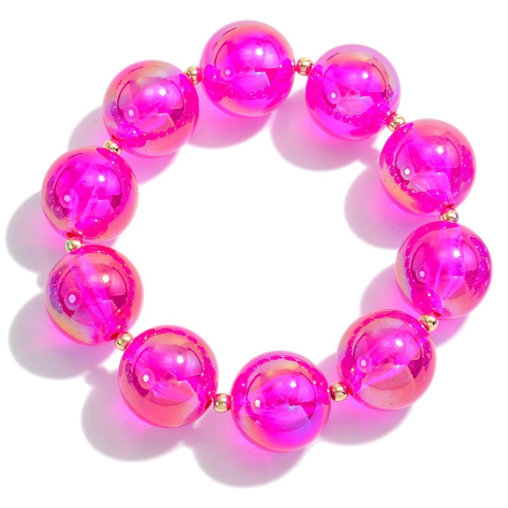 Chunky Circular Bead Stretch Bracelet With Gold Tone Accents - Fuchsia Abalone