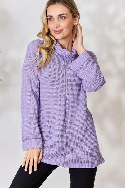 Exposed Seam Waffle Knit Top In Lavender